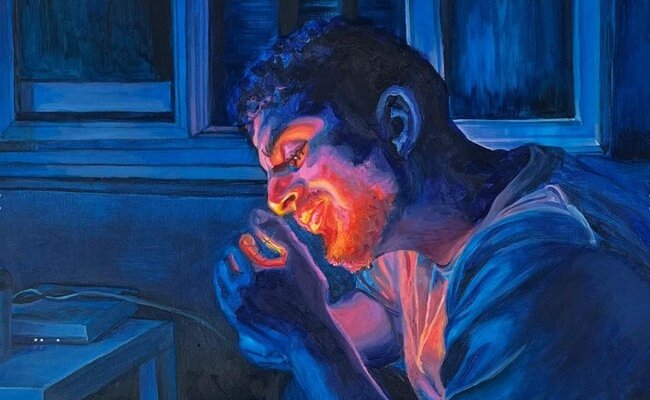 Photographie d'une huile sur toile de Mia Radford : portrait d'un homme prénommé Amine