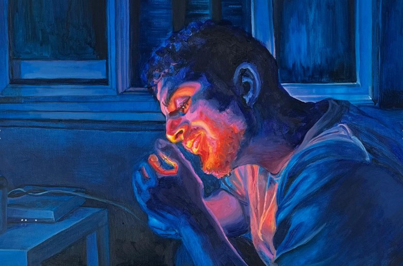 Photographie d'une huile sur toile de Mia Radford : portrait d'un homme prénommé Amine