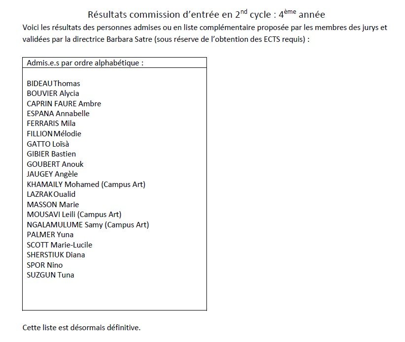 Liste des admissions en année 4